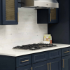 Millennium Blue kitchen cabinets with a gold mesh cabinet insert and marble countertop