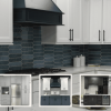 White and navy kitchen cabinets with a blue tile backsplash, shown with CCC Cabinets door samples