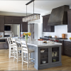 Dark Grey perimeter cabinets with a white island, wood hood and glass-front uppers