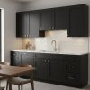 Black Roast matte black kitchen cabinets with a white subway tile backsplash and wood dining table