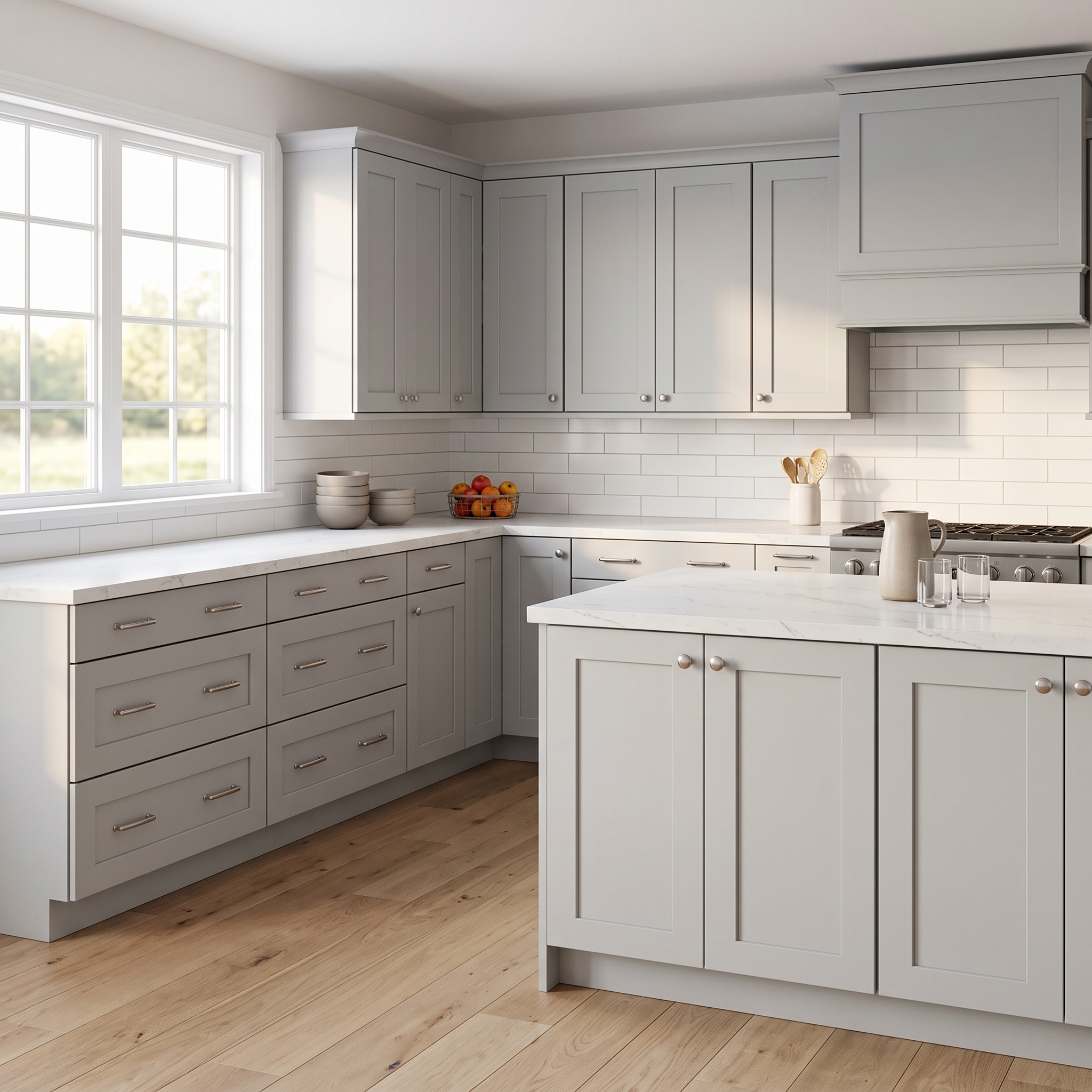 Light Grey shaker kitchen with island, white quartz counters and subway tile