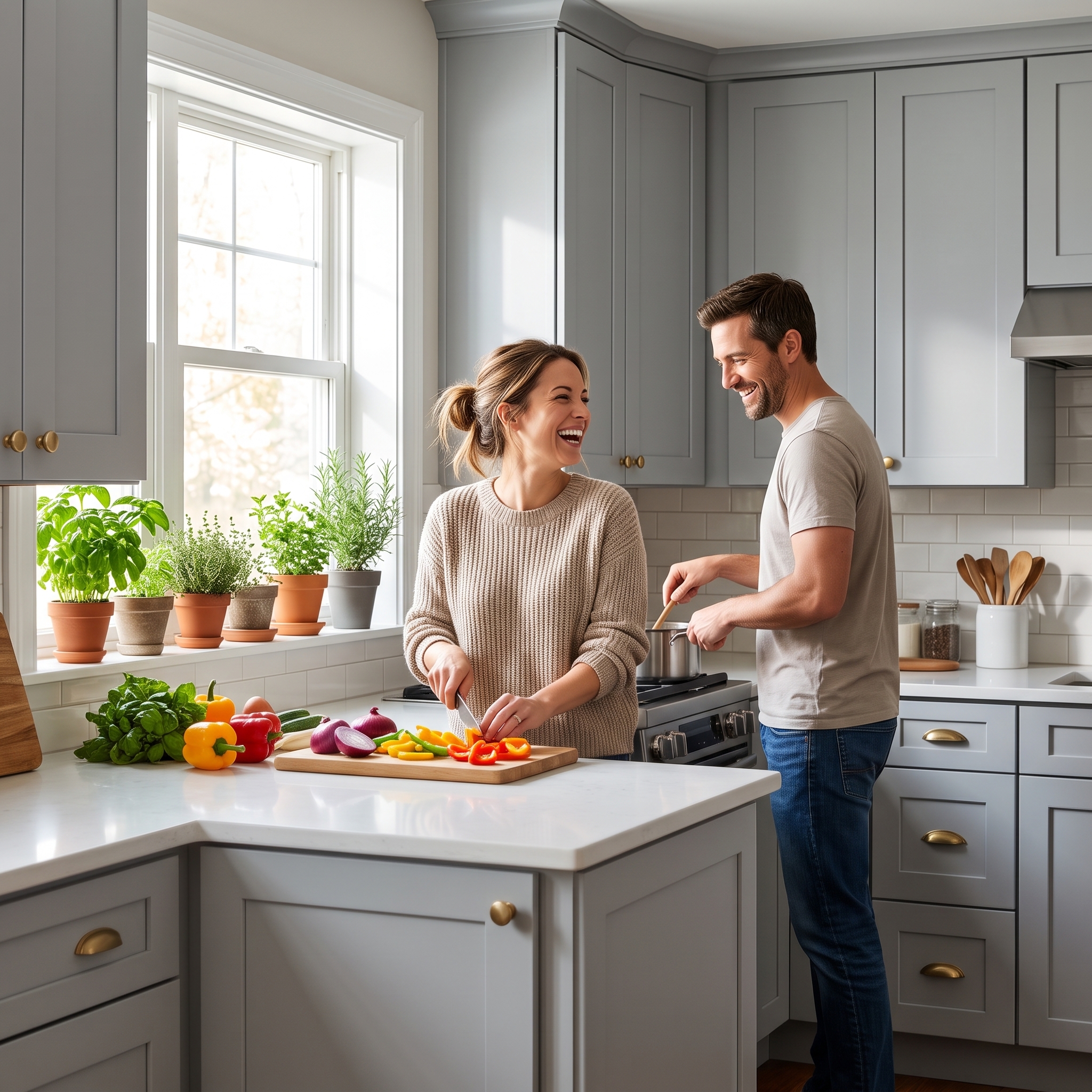 A couple cooking together in a modern kitchen with Light Grey shaker cabinets