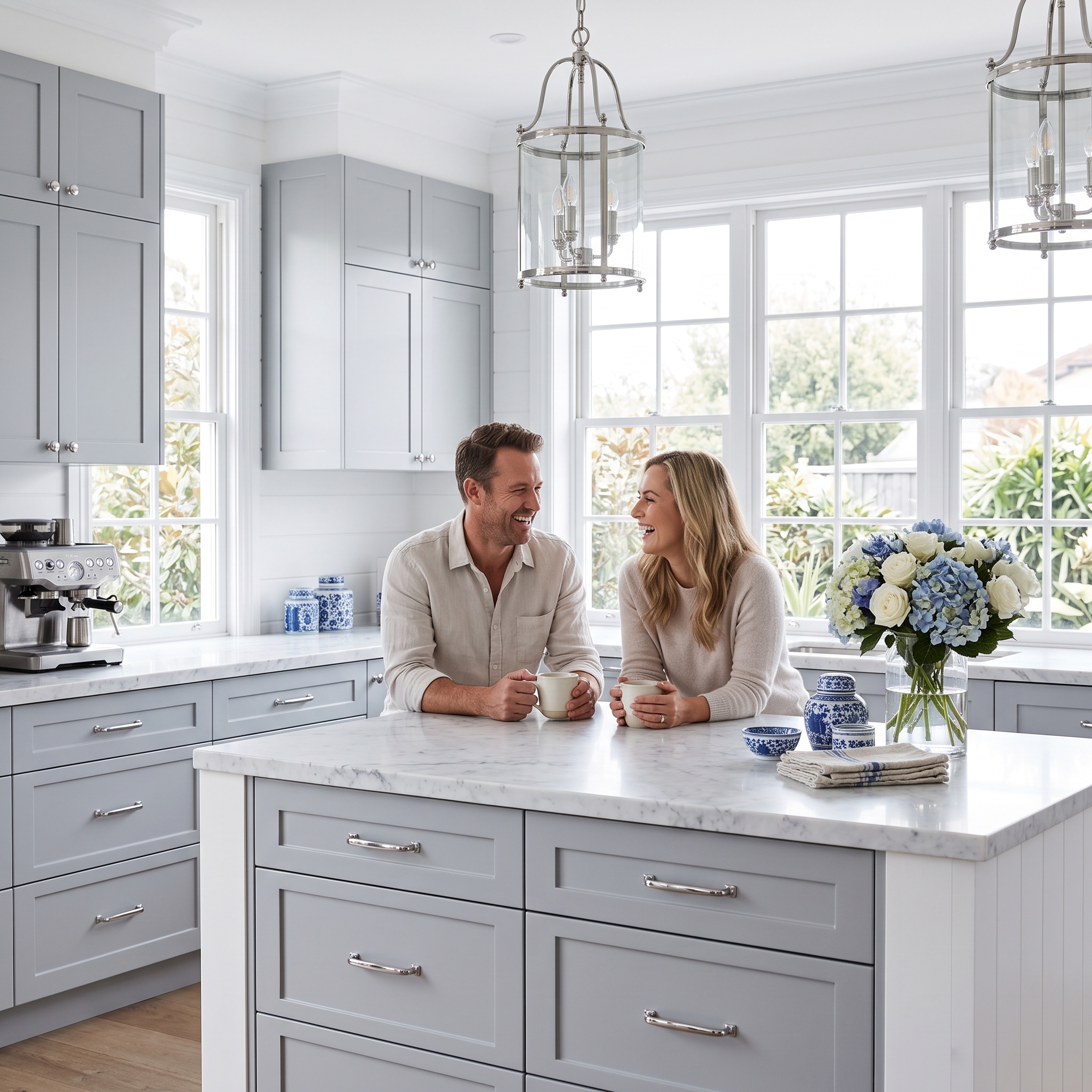 Bright coastal kitchen with Light Grey shaker island and marble-look counters