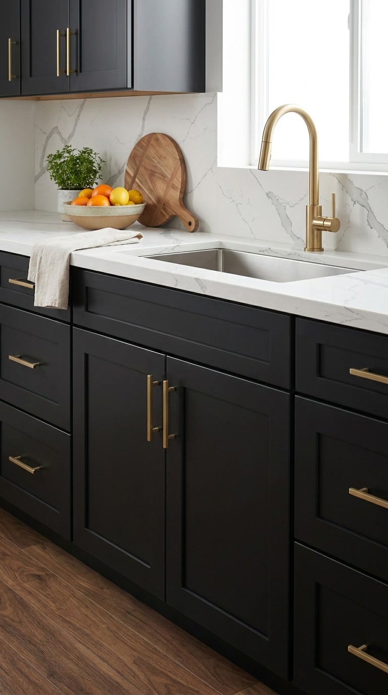Black Roast kitchen cabinets by CCC Cabinets shown in a sink run beneath a bright window - flat shaker door in a true matte black, wholesale cabinetry in Des Plaines, Chicagoland