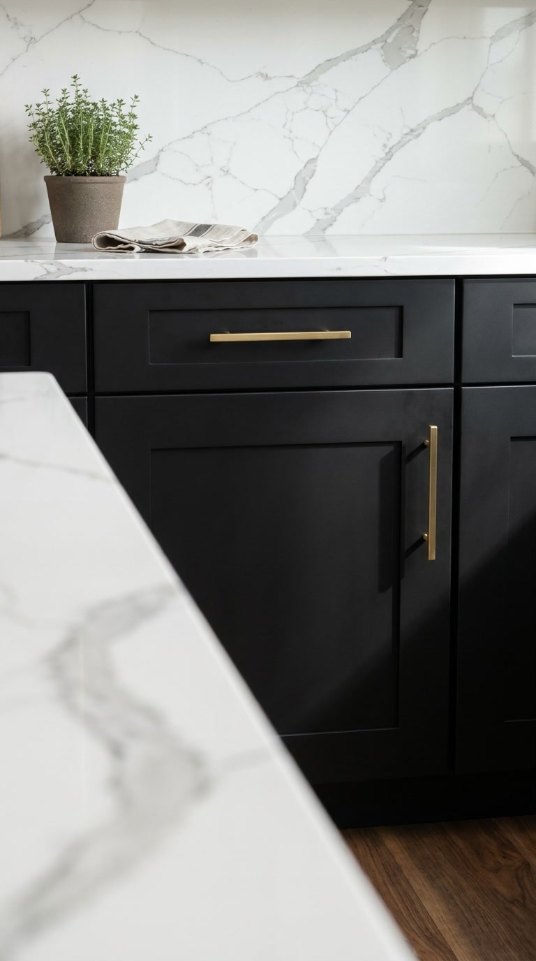 Black Roast kitchen cabinets by CCC Cabinets shown in a close-up of the cabinet door face and panel profile - flat shaker door in a true matte black, wholesale cabinetry in Des Plaines, Chicagoland