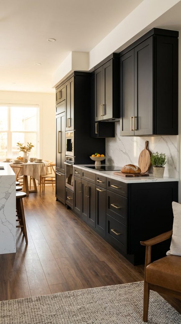 Black Roast kitchen cabinets by CCC Cabinets shown in an open-concept kitchen seen from the living area - flat shaker door in a true matte black, wholesale cabinetry in Des Plaines, Chicagoland