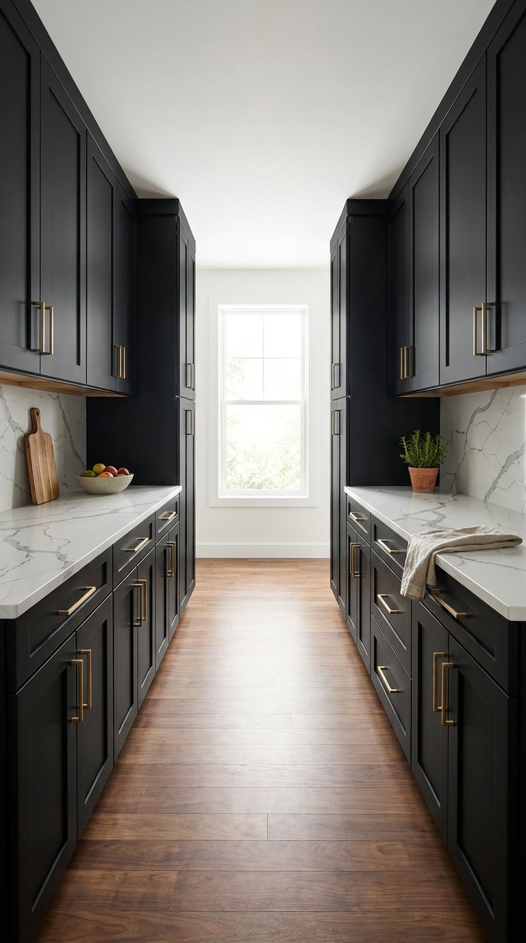 Black Roast kitchen cabinets by CCC Cabinets shown in a narrow galley kitchen - flat shaker door in a true matte black, wholesale cabinetry in Des Plaines, Chicagoland