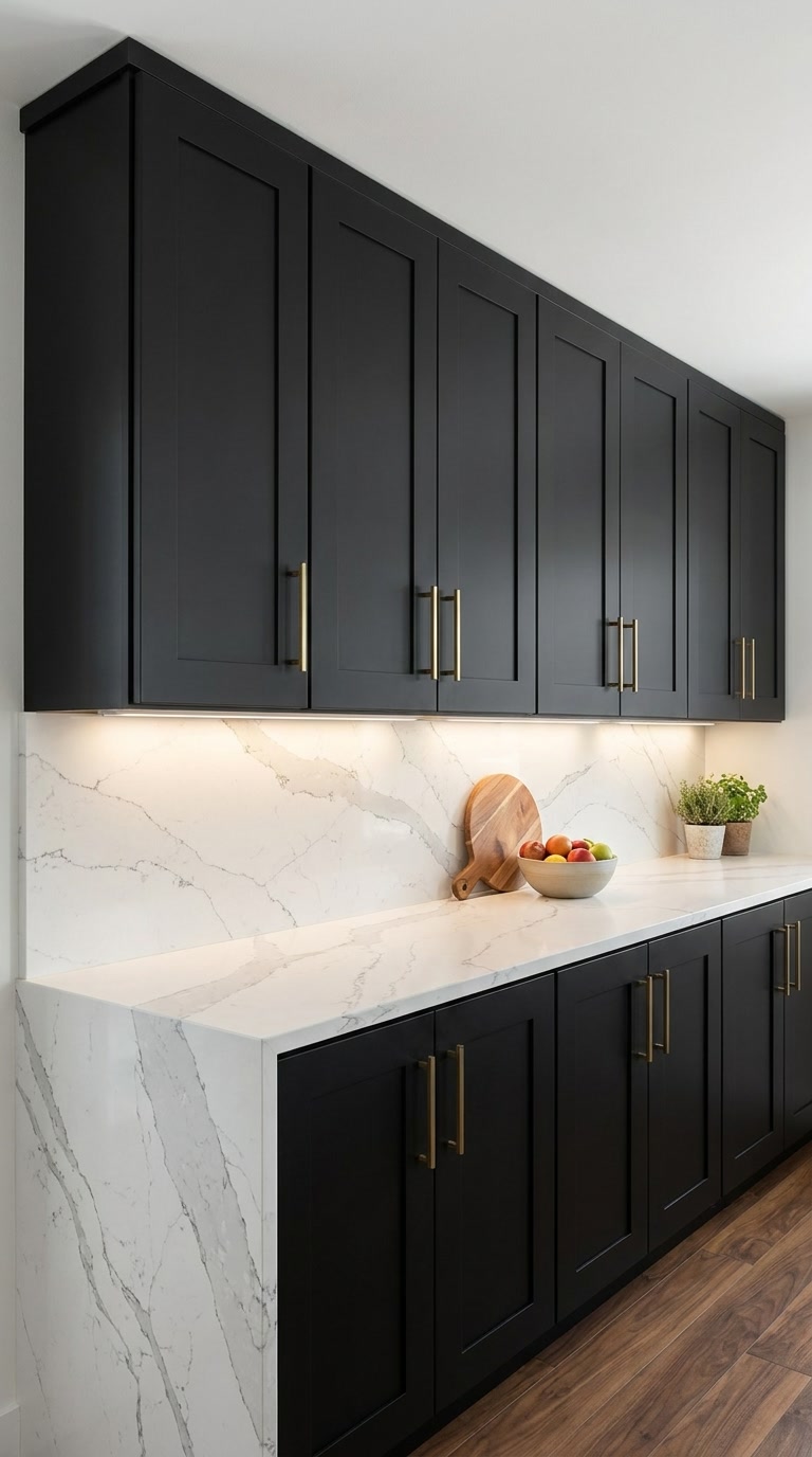Black Roast kitchen cabinets by CCC Cabinets shown in a run of upper wall cabinets above the countertop - flat shaker door in a true matte black, wholesale cabinetry in Des Plaines, Chicagoland