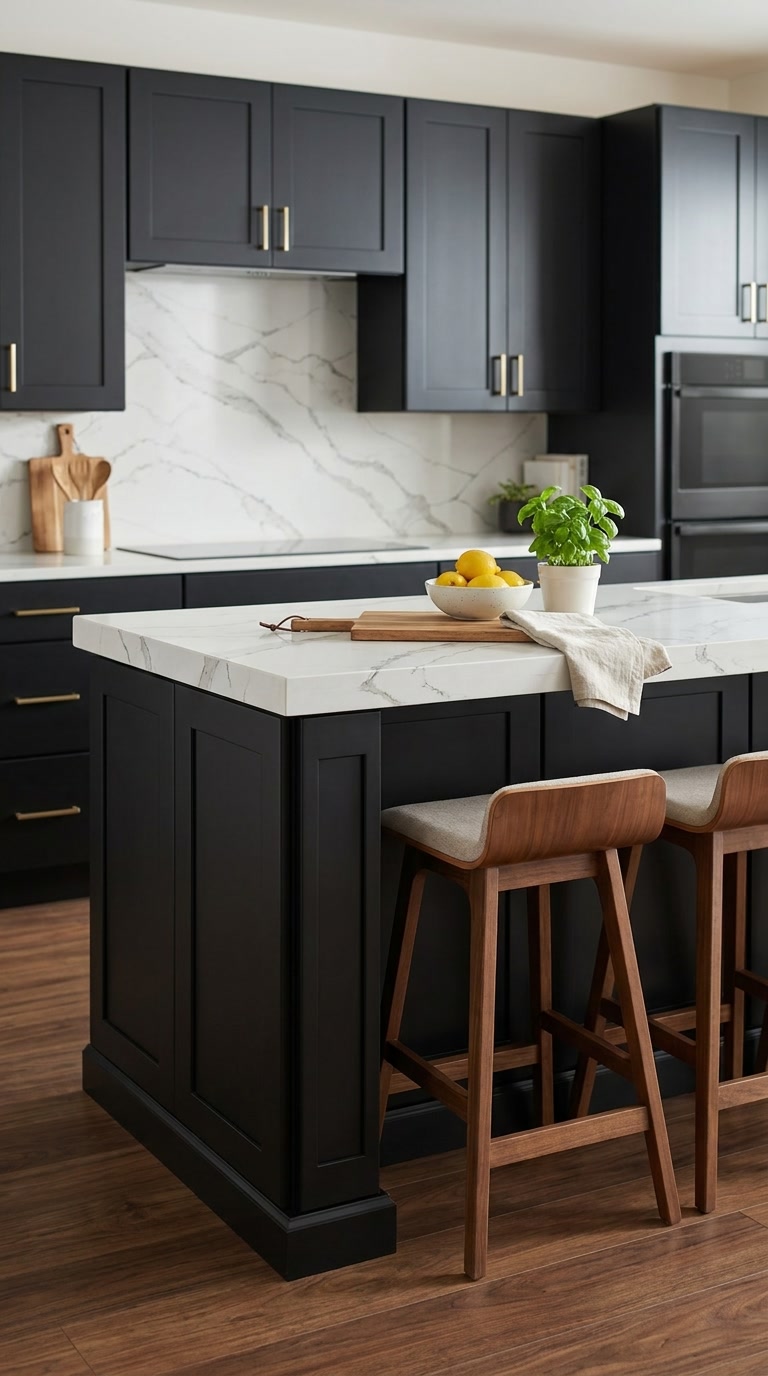 Black Roast kitchen cabinets by CCC Cabinets shown in a kitchen island with counter seating - flat shaker door in a true matte black, wholesale cabinetry in Des Plaines, Chicagoland
