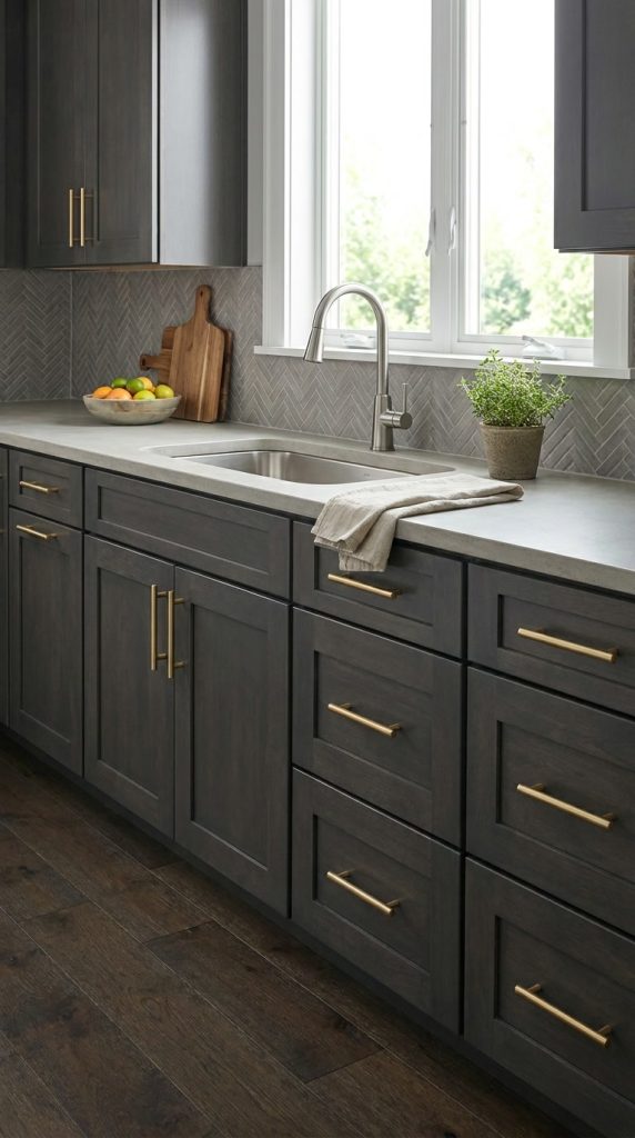 Dark Grey kitchen cabinets by CCC Cabinets shown in a sink run beneath a bright window - flat shaker door in a deep charcoal stain, wholesale cabinetry in Des Plaines, Chicagoland