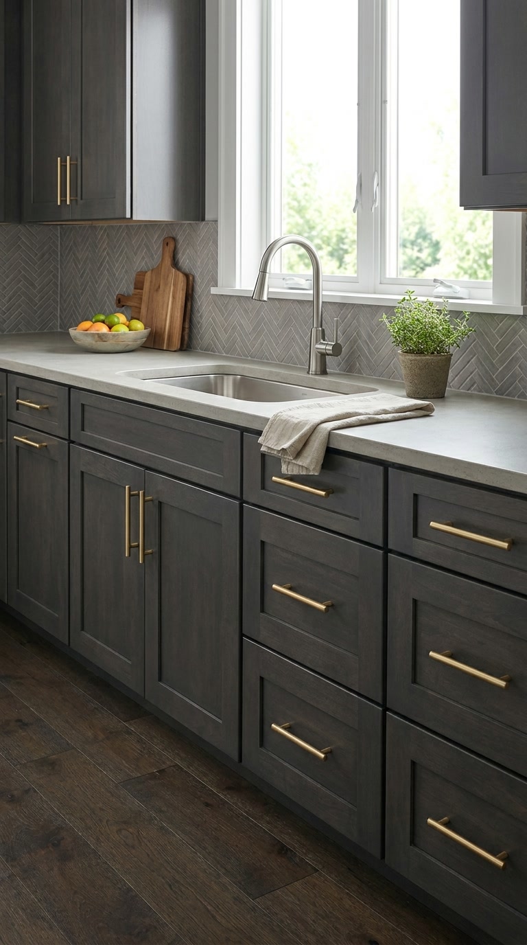 Dark Grey kitchen cabinets by CCC Cabinets shown in a sink run beneath a bright window - flat shaker door in a deep charcoal stain, wholesale cabinetry in Des Plaines, Chicagoland
