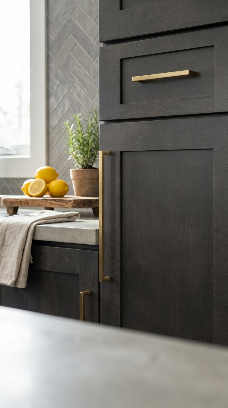 Dark Grey kitchen cabinets by CCC Cabinets shown in a close-up of the cabinet door face and panel profile - flat shaker door in a deep charcoal stain, wholesale cabinetry in Des Plaines, Chicagoland