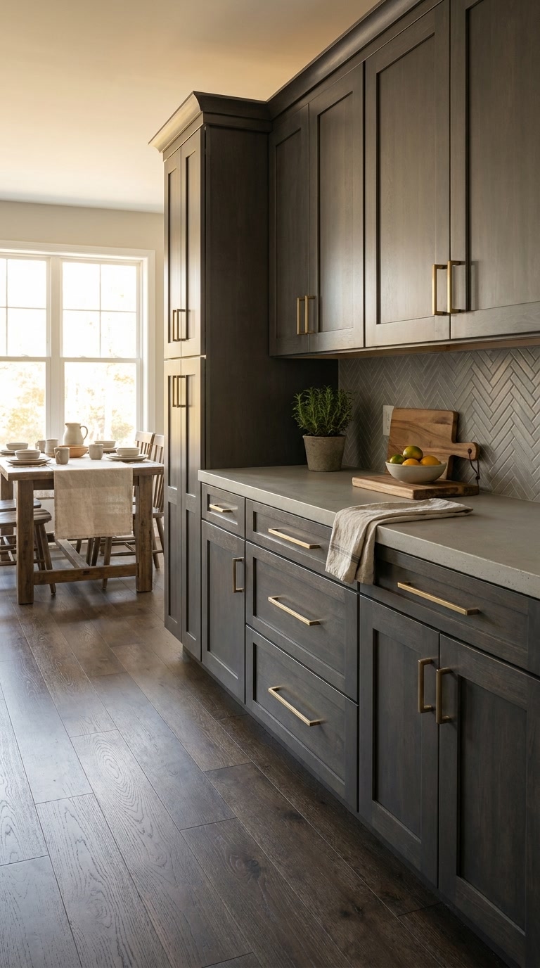 Dark Grey kitchen cabinets by CCC Cabinets shown in an open-concept kitchen seen from the living area - flat shaker door in a deep charcoal stain, wholesale cabinetry in Des Plaines, Chicagoland