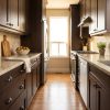 Espresso Shaker kitchen cabinets by CCC Cabinets shown in a narrow galley kitchen - flat shaker door in a deep espresso stain, wholesale cabinetry in Des Plaines, Chicagoland