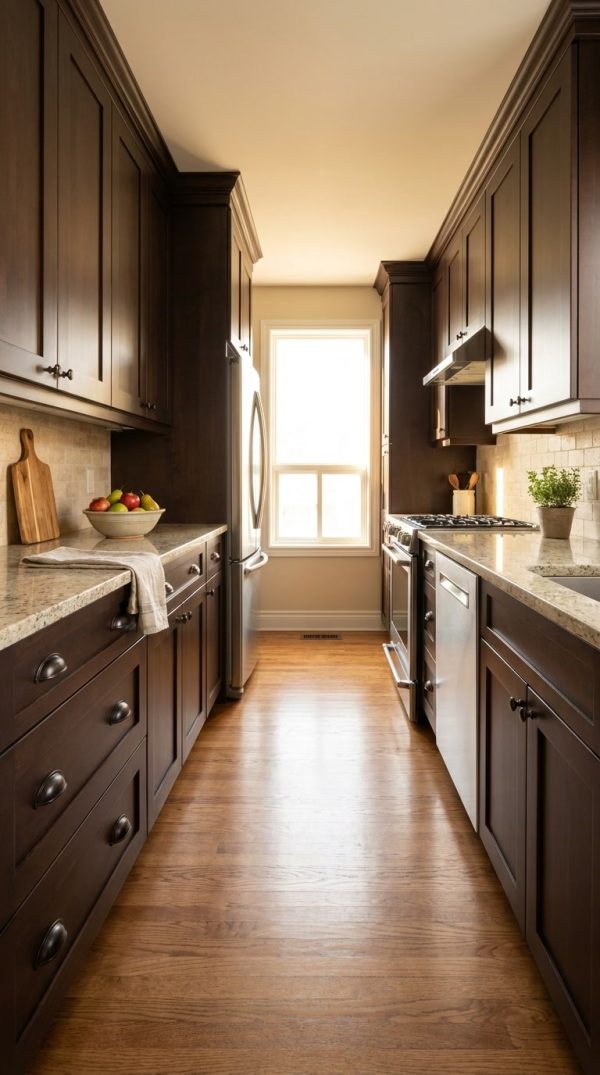 Espresso Shaker kitchen cabinets by CCC Cabinets shown in a narrow galley kitchen - flat shaker door in a deep espresso stain, wholesale cabinetry in Des Plaines, Chicagoland
