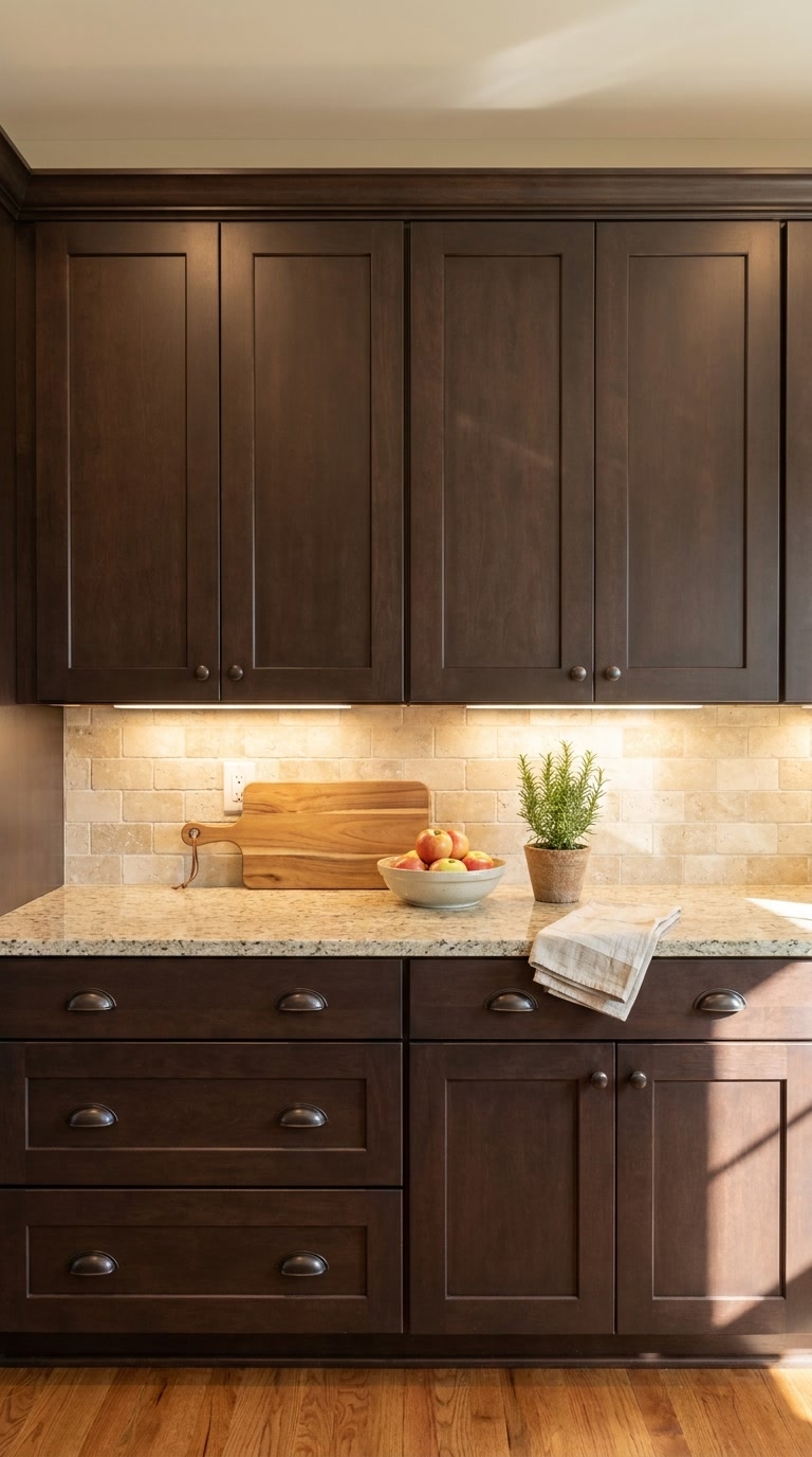 Espresso Shaker kitchen cabinets by CCC Cabinets shown in a run of upper wall cabinets above the countertop - flat shaker door in a deep espresso stain, wholesale cabinetry in Des Plaines, Chicagoland