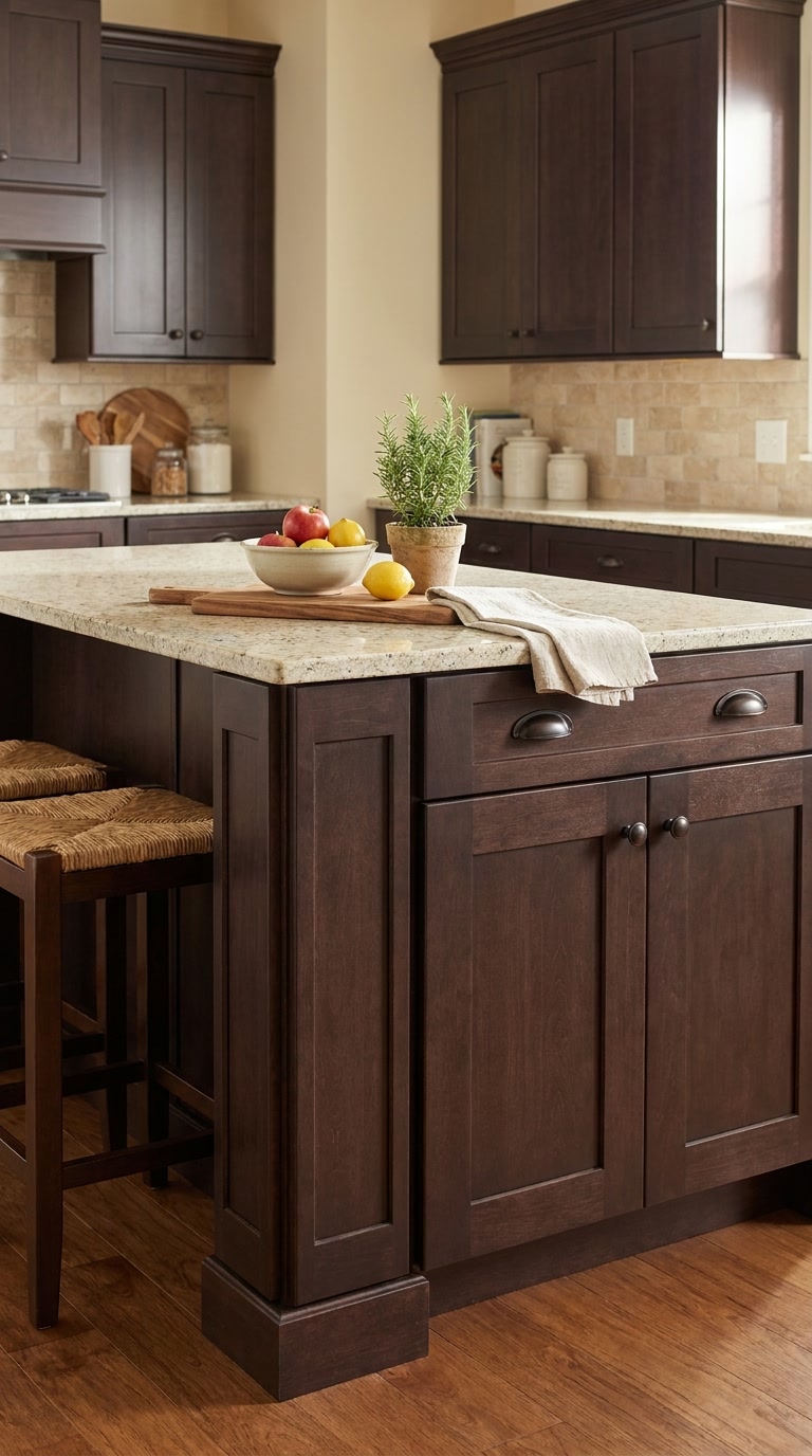 Espresso Shaker kitchen cabinets by CCC Cabinets shown in a kitchen island with counter seating - flat shaker door in a deep espresso stain, wholesale cabinetry in Des Plaines, Chicagoland