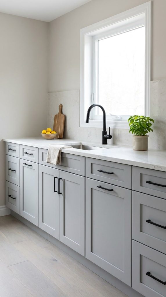 Light Grey kitchen cabinets by CCC Cabinets shown in a sink run beneath a bright window - flat shaker door in a cool neutral light grey, wholesale cabinetry in Des Plaines, Chicagoland