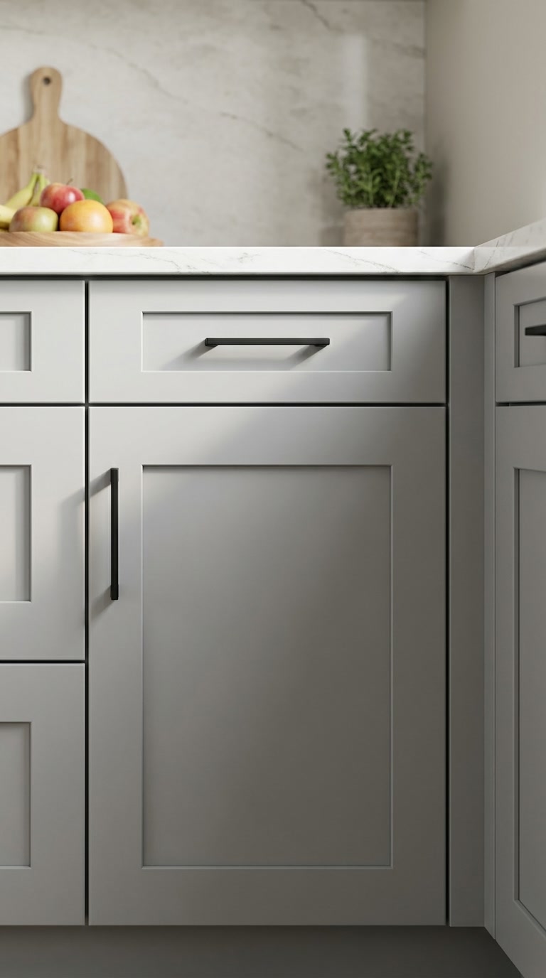 Light Grey kitchen cabinets by CCC Cabinets shown in a close-up of the cabinet door face and panel profile - flat shaker door in a cool neutral light grey, wholesale cabinetry in Des Plaines, Chicagoland