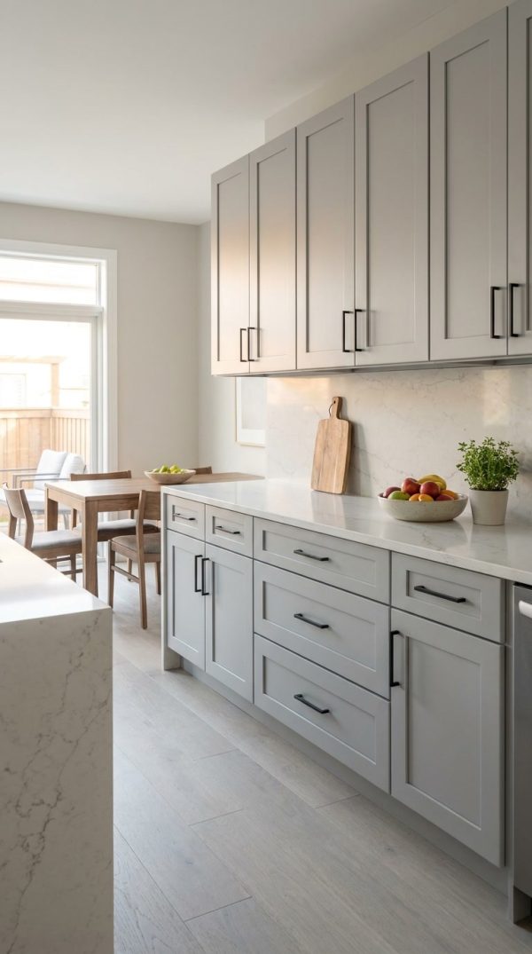 Light Grey kitchen cabinets by CCC Cabinets shown in an open-concept kitchen seen from the living area - flat shaker door in a cool neutral light grey, wholesale cabinetry in Des Plaines, Chicagoland