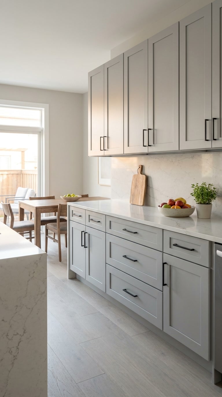 Light Grey kitchen cabinets by CCC Cabinets shown in an open-concept kitchen seen from the living area - flat shaker door in a cool neutral light grey, wholesale cabinetry in Des Plaines, Chicagoland