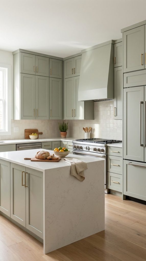 Matcha Latte kitchen cabinets by CCC Cabinets shown in an L-shaped kitchen with a centre island - flat shaker door in a soft muted sage, wholesale cabinetry in Des Plaines, Chicagoland
