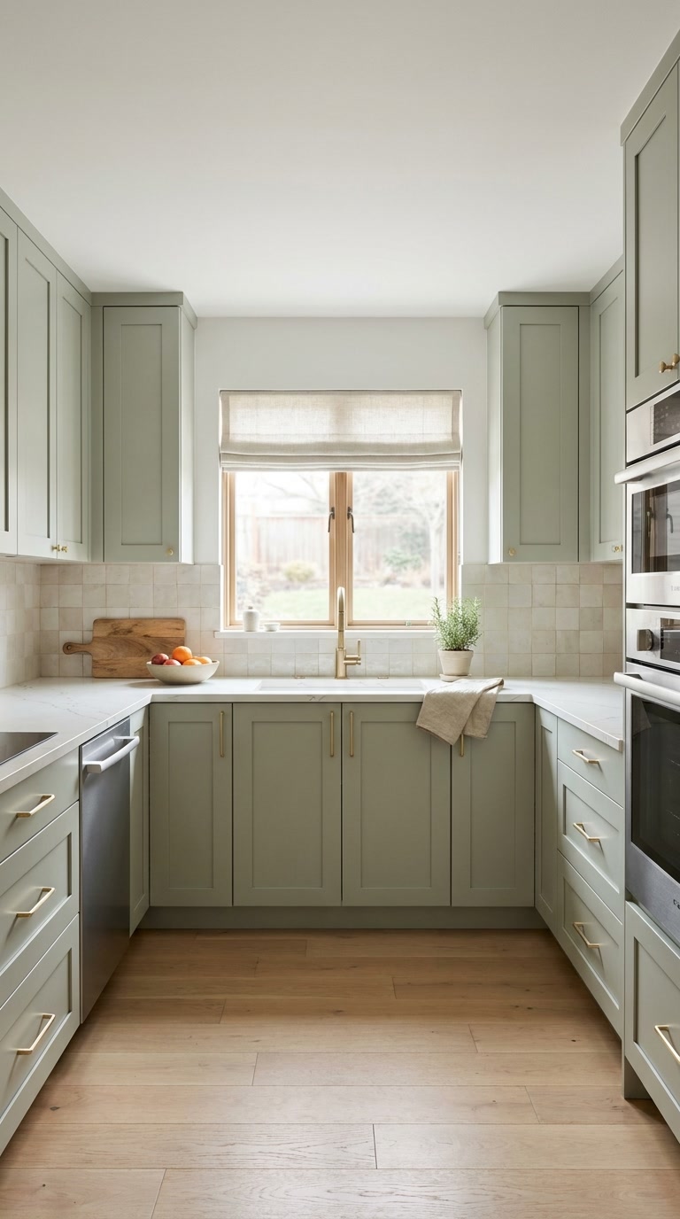Matcha Latte kitchen cabinets by CCC Cabinets shown in a bright U-shaped kitchen with a window above the sink - flat shaker door in a soft muted sage, wholesale cabinetry in Des Plaines, Chicagoland