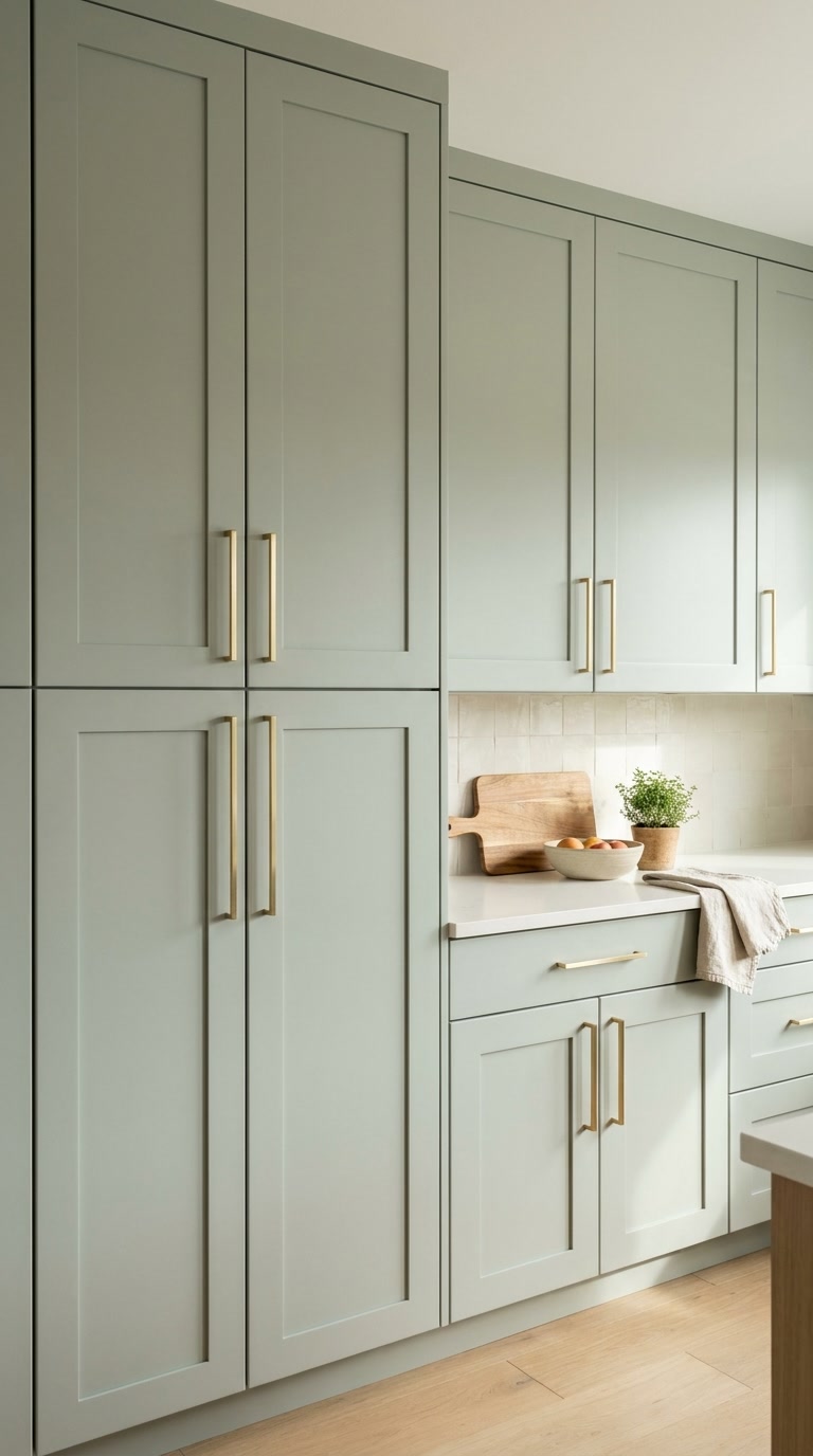 Matcha Latte kitchen cabinets by CCC Cabinets shown in a floor-to-ceiling pantry cabinet wall - flat shaker door in a soft muted sage, wholesale cabinetry in Des Plaines, Chicagoland
