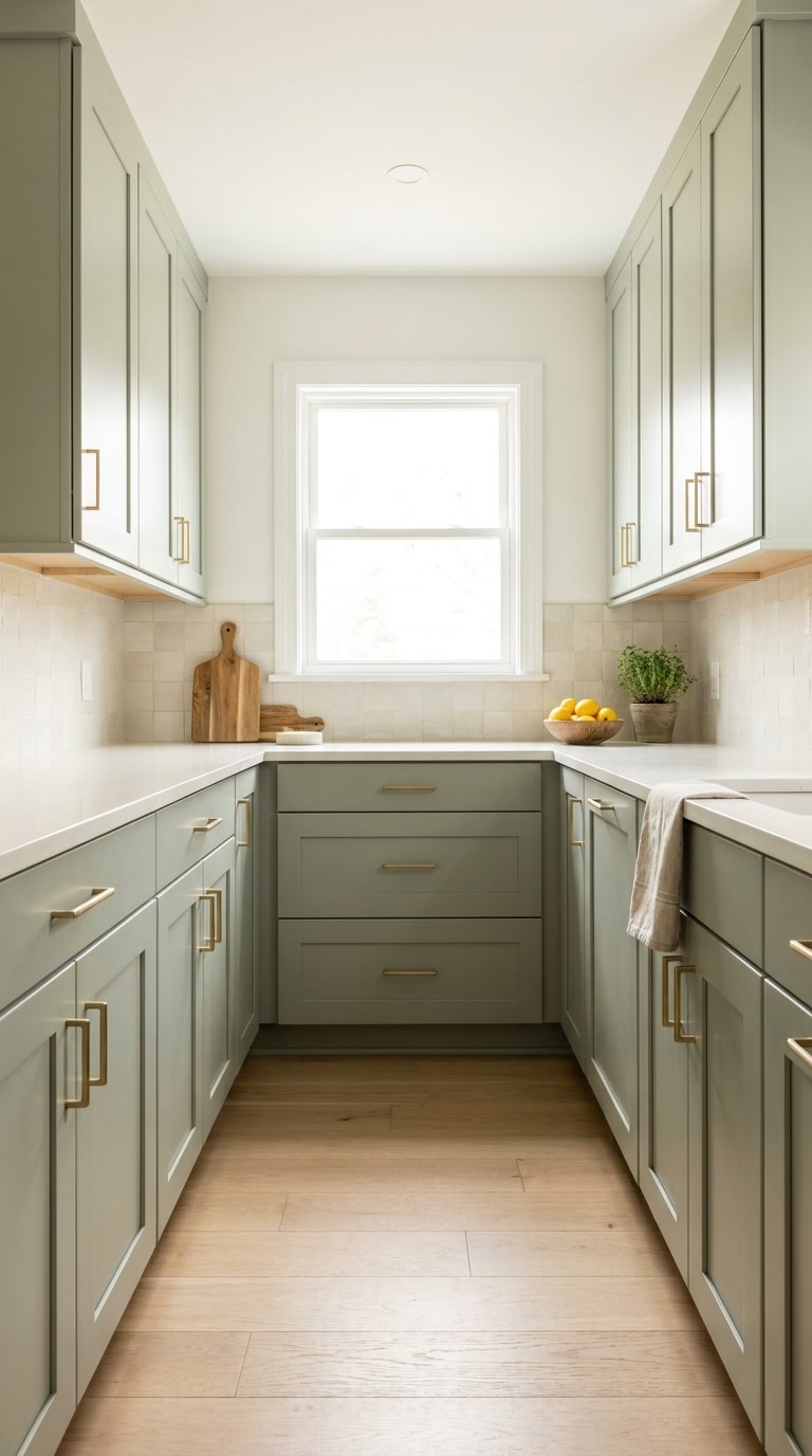 Matcha Latte kitchen cabinets by CCC Cabinets shown in a narrow galley kitchen - flat shaker door in a soft muted sage, wholesale cabinetry in Des Plaines, Chicagoland