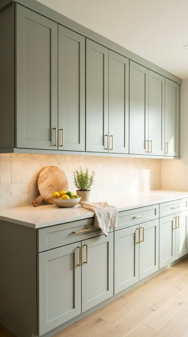 Matcha Latte kitchen cabinets by CCC Cabinets shown in a run of upper wall cabinets above the countertop - flat shaker door in a soft muted sage, wholesale cabinetry in Des Plaines, Chicagoland