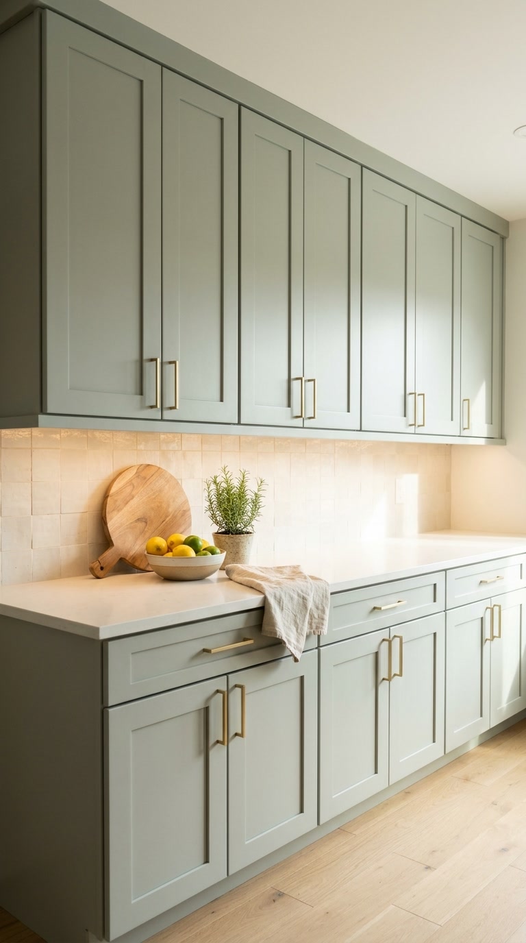 Matcha Latte kitchen cabinets by CCC Cabinets shown in a run of upper wall cabinets above the countertop - flat shaker door in a soft muted sage, wholesale cabinetry in Des Plaines, Chicagoland