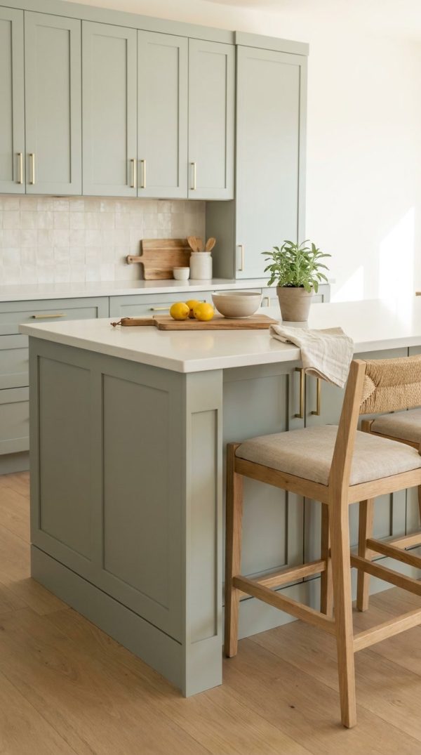 Matcha Latte kitchen cabinets by CCC Cabinets shown in a kitchen island with counter seating - flat shaker door in a soft muted sage, wholesale cabinetry in Des Plaines, Chicagoland
