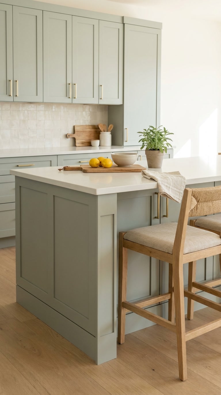 Matcha Latte kitchen cabinets by CCC Cabinets shown in a kitchen island with counter seating - flat shaker door in a soft muted sage, wholesale cabinetry in Des Plaines, Chicagoland