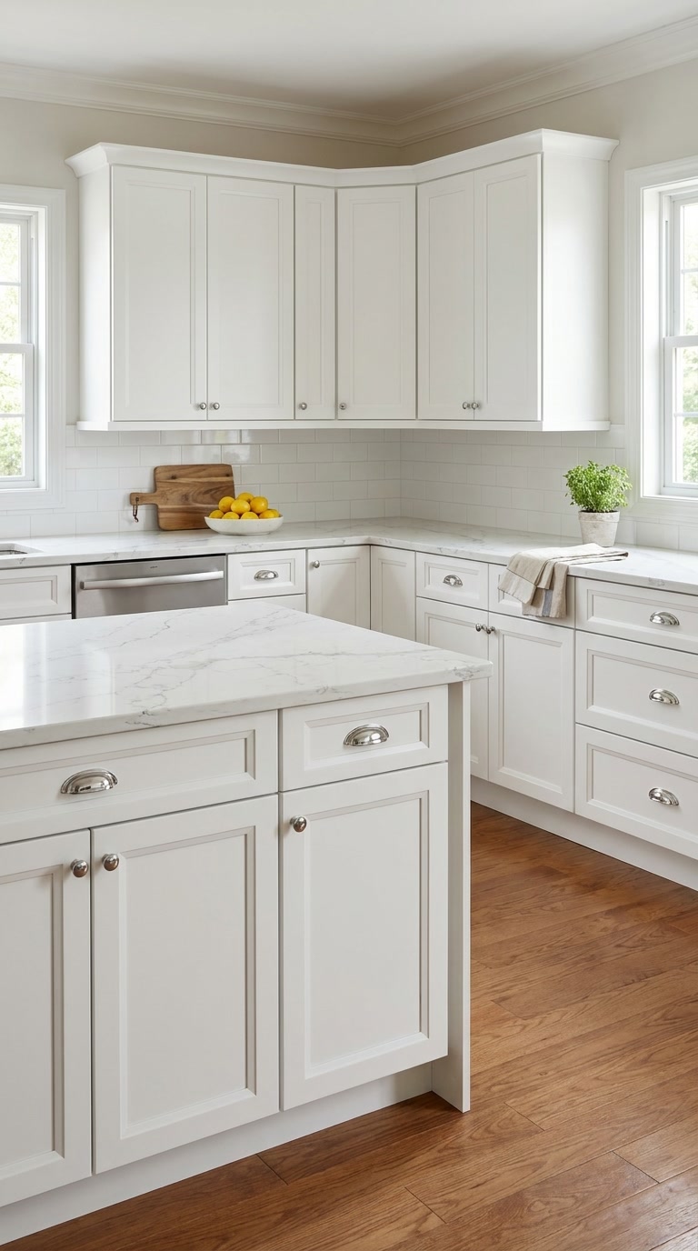 Millennium White kitchen cabinets by CCC Cabinets shown in an L-shaped kitchen with a centre island - raised-panel door in a clean painted white, wholesale cabinetry in Des Plaines, Chicagoland