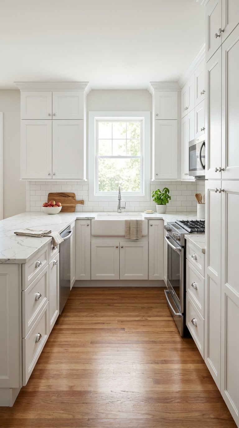 Millennium White kitchen cabinets by CCC Cabinets shown in a bright U-shaped kitchen with a window above the sink - raised-panel door in a clean painted white, wholesale cabinetry in Des Plaines, Chicagoland