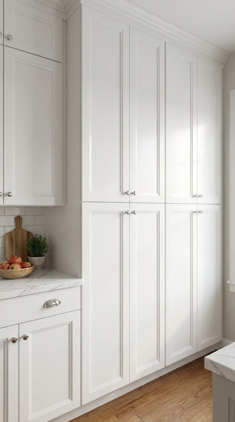 Millennium White kitchen cabinets by CCC Cabinets shown in a floor-to-ceiling pantry cabinet wall - raised-panel door in a clean painted white, wholesale cabinetry in Des Plaines, Chicagoland