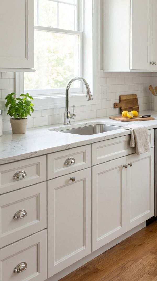 Millennium White kitchen cabinets by CCC Cabinets shown in a sink run beneath a bright window - raised-panel door in a clean painted white, wholesale cabinetry in Des Plaines, Chicagoland