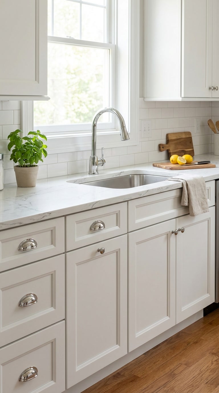 Millennium White kitchen cabinets by CCC Cabinets shown in a sink run beneath a bright window - raised-panel door in a clean painted white, wholesale cabinetry in Des Plaines, Chicagoland