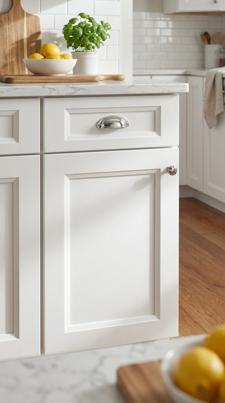 Millennium White kitchen cabinets by CCC Cabinets shown in a close-up of the cabinet door face and panel profile - raised-panel door in a clean painted white, wholesale cabinetry in Des Plaines, Chicagoland