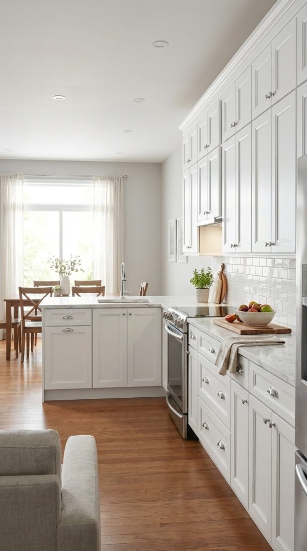 Millennium White kitchen cabinets by CCC Cabinets shown in an open-concept kitchen seen from the living area - raised-panel door in a clean painted white, wholesale cabinetry in Des Plaines, Chicagoland