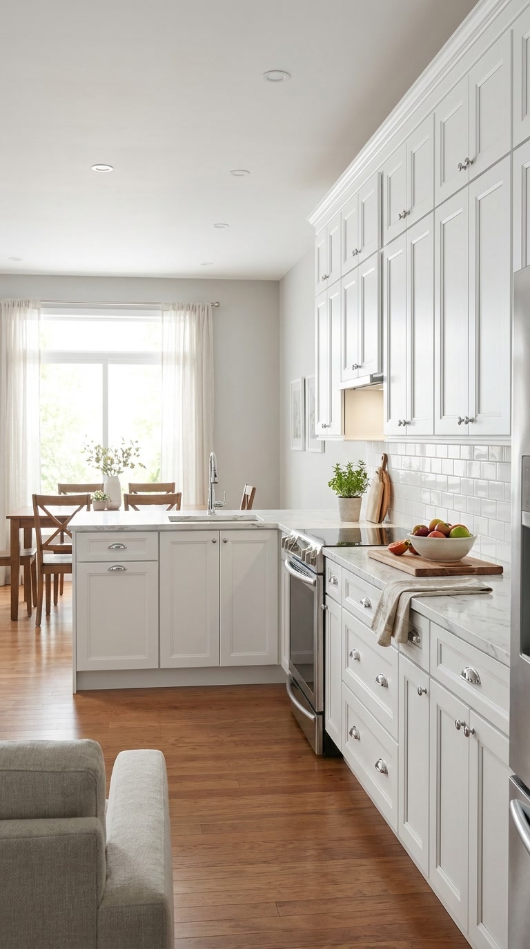 Millennium White kitchen cabinets by CCC Cabinets shown in an open-concept kitchen seen from the living area - raised-panel door in a clean painted white, wholesale cabinetry in Des Plaines, Chicagoland