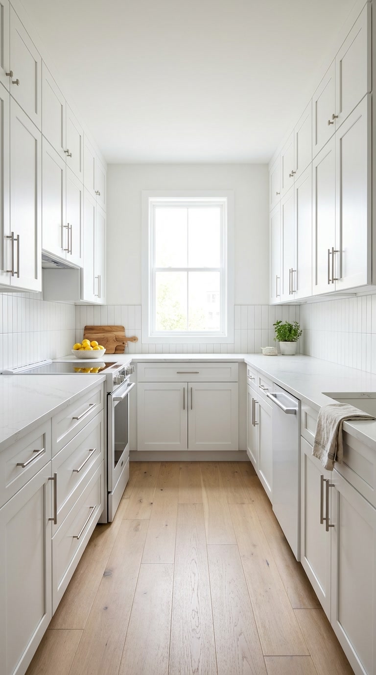 Pure White kitchen cabinets by CCC Cabinets shown in a narrow galley kitchen - flat shaker door in a bright painted white, wholesale cabinetry in Des Plaines, Chicagoland