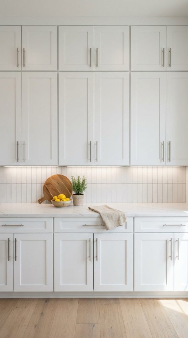 Pure White kitchen cabinets by CCC Cabinets shown in a run of upper wall cabinets above the countertop - flat shaker door in a bright painted white, wholesale cabinetry in Des Plaines, Chicagoland