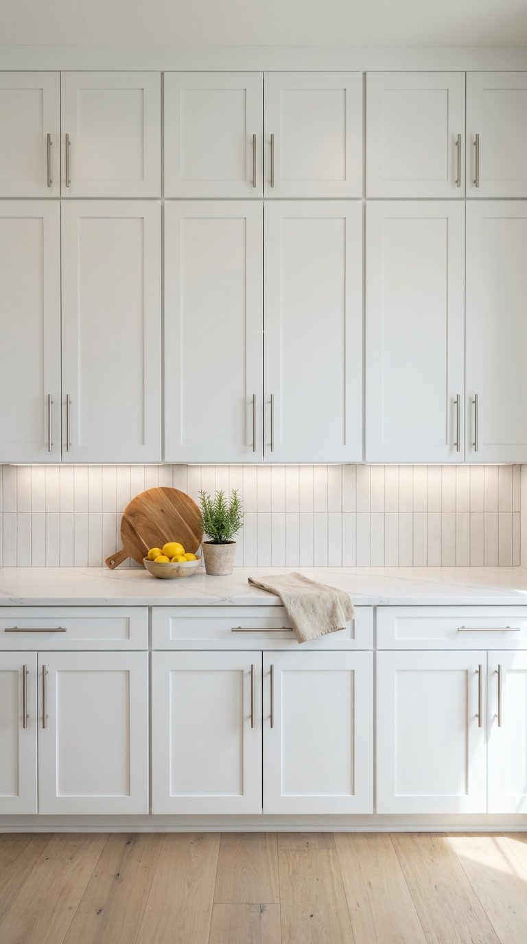 Pure White kitchen cabinets by CCC Cabinets shown in a run of upper wall cabinets above the countertop - flat shaker door in a bright painted white, wholesale cabinetry in Des Plaines, Chicagoland
