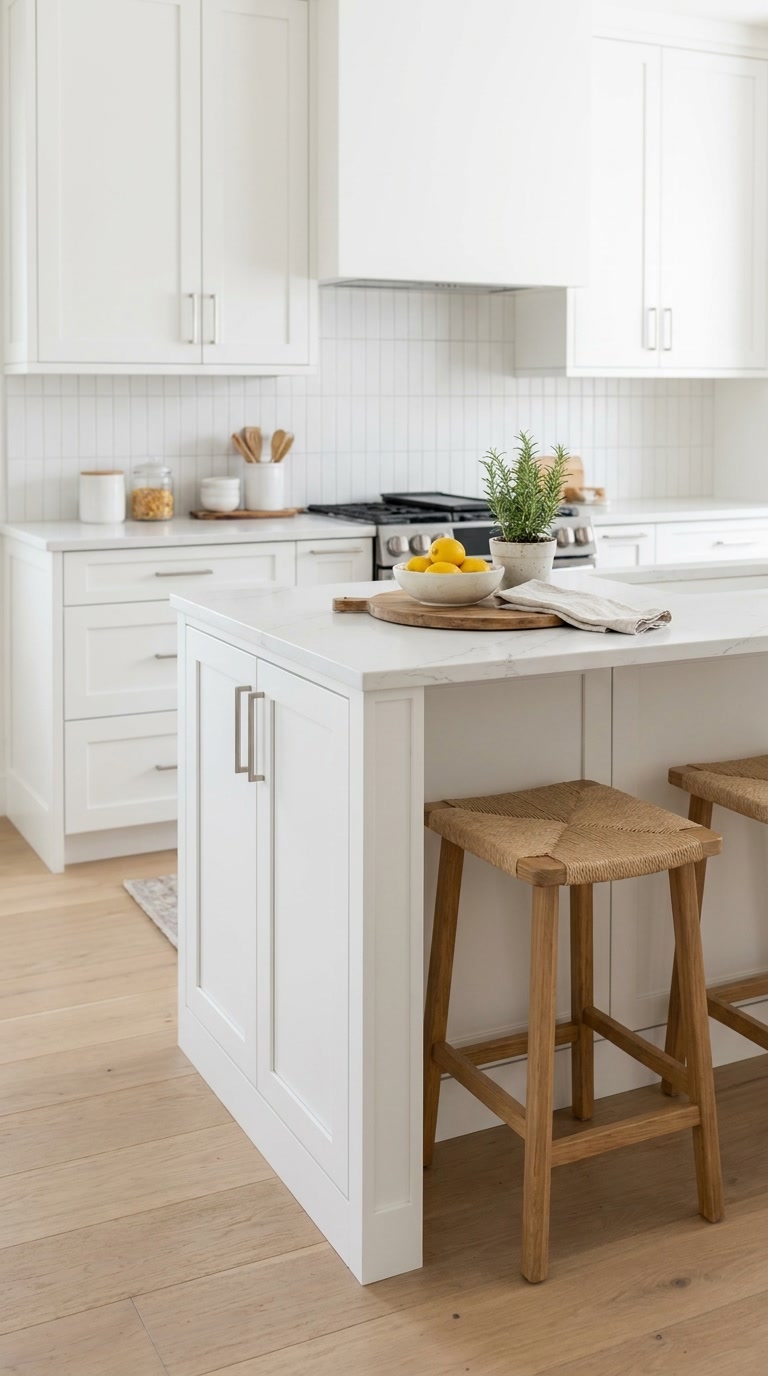 Pure White kitchen cabinets by CCC Cabinets shown in a kitchen island with counter seating - flat shaker door in a bright painted white, wholesale cabinetry in Des Plaines, Chicagoland