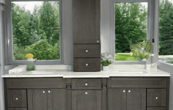 Dark Grey kitchen cabinets with a full-height window wall and white countertops