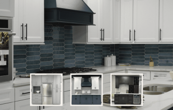 White and navy kitchen cabinets with a blue tile backsplash, shown with CCC Cabinets door samples