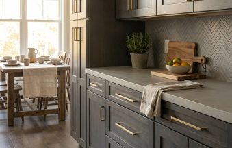 Dark Grey kitchen cabinets by CCC Cabinets shown in an open-concept kitchen seen from the living area - flat shaker door in a deep charcoal stain, wholesale cabinetry in Des Plaines, Chicagoland