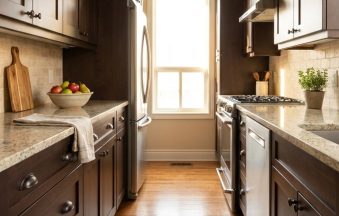Espresso Shaker kitchen cabinets by CCC Cabinets shown in a narrow galley kitchen - flat shaker door in a deep espresso stain, wholesale cabinetry in Des Plaines, Chicagoland