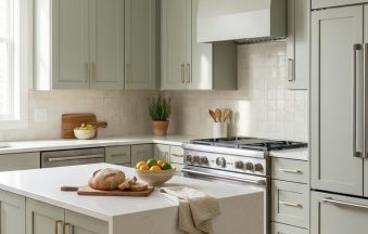 Matcha Latte kitchen cabinets by CCC Cabinets shown in an L-shaped kitchen with a centre island - flat shaker door in a soft muted sage, wholesale cabinetry in Des Plaines, Chicagoland